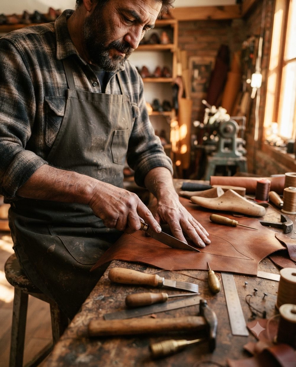 Artesano cortando cuero a mano
